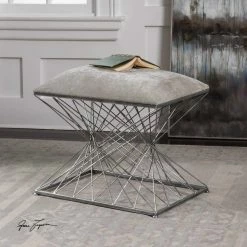 UTTERMOST Living Room ZELLA STONEY GRAY CHENILLE OTTOMAN