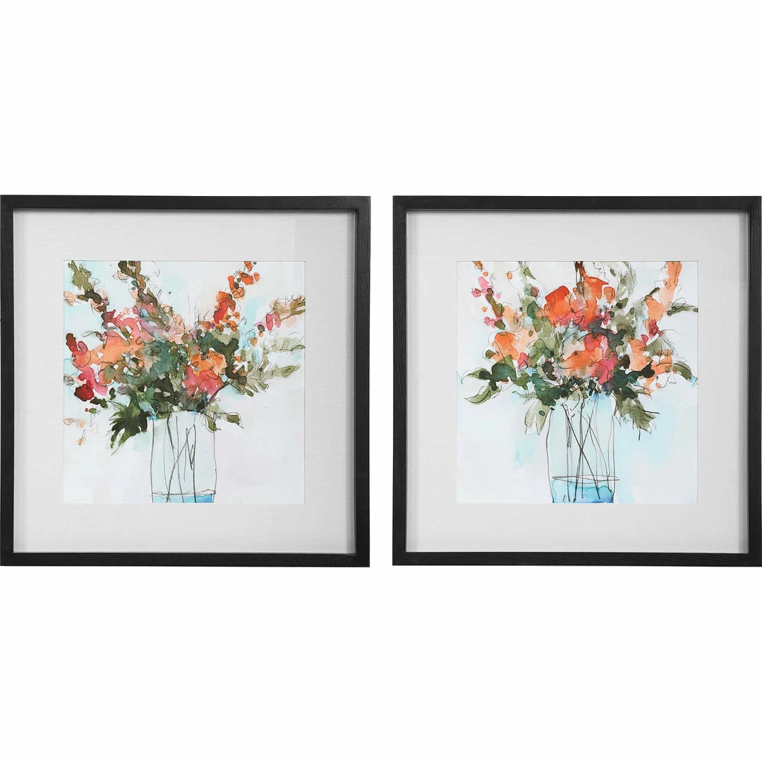 Cheapest 🎁 UTTERMOST Wall Art "FRESH FLOWERS" GLASS FRAMED PRINTS | SET OF 2 🎉 1 UTTERMOST Wall Art "FRESH FLOWERS" GLASS FRAMED PRINTS | SET OF 2