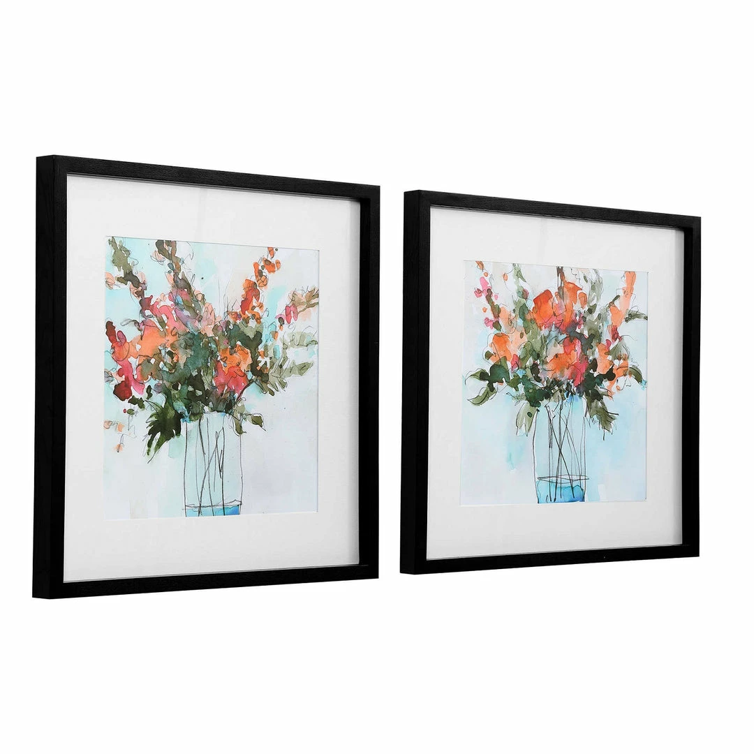 Cheapest 🎁 UTTERMOST Wall Art "FRESH FLOWERS" GLASS FRAMED PRINTS | SET OF 2 🎉 4 UTTERMOST Wall Art "FRESH FLOWERS" GLASS FRAMED PRINTS | SET OF 2
