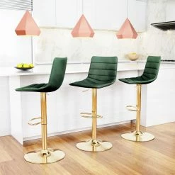 ZUO PRIMA GREEN VELVET + GOLD ADJUSTABLE STOOL Kitchen + Dining