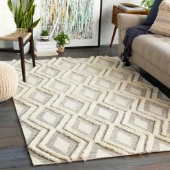 SURYA CHEROKEE DIAMOND WOOL RUG: CREAM + STONE