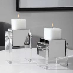 UTTERMOST Pillows + Decor CRYSTAL + POLISHED NICKEL BLOCK CANDLEHOLDERS | SET OF 2