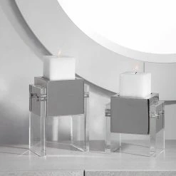 UTTERMOST Pillows + Decor CRYSTAL + POLISHED NICKEL BLOCK CANDLEHOLDERS | SET OF 2