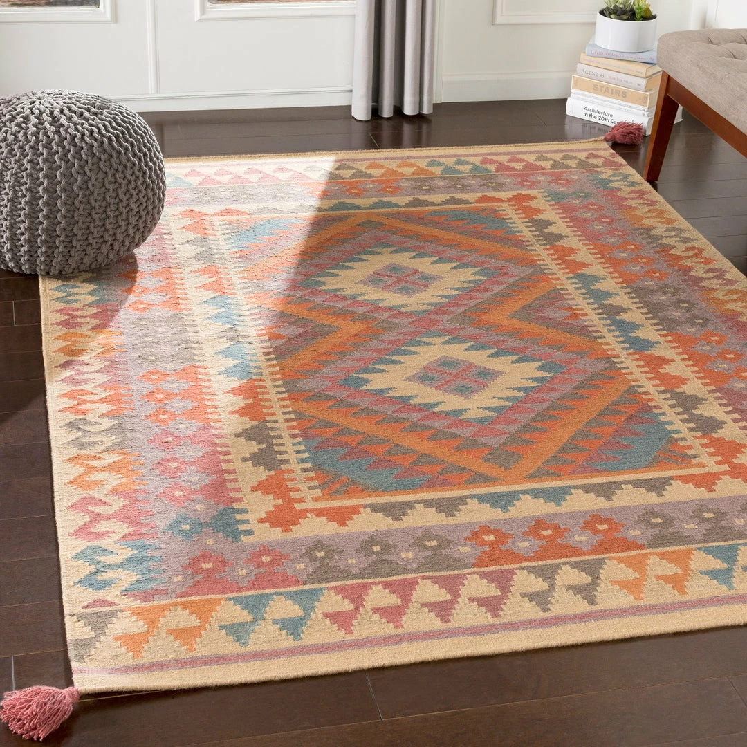 Brand new 😀 SURYA DEJA KILIM RUG: ORANGE SUNRISE ⌛ 2 SURYA DEJA KILIM RUG: ORANGE SUNRISE