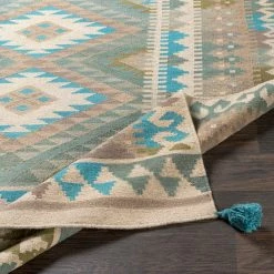 SURYA DEJA KILIM RUG: SAGE, MOSS, AQUA