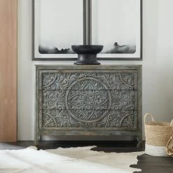 HOOKER Furniture DHARMA ANTIQUE BLUE CARVED WOOD ACCENT CHEST