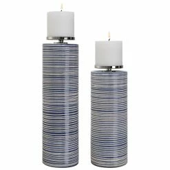 UTTERMOST INDIGO STRIPE PILLAR CANDLE HOLDERS | SET OF 2 Accessories