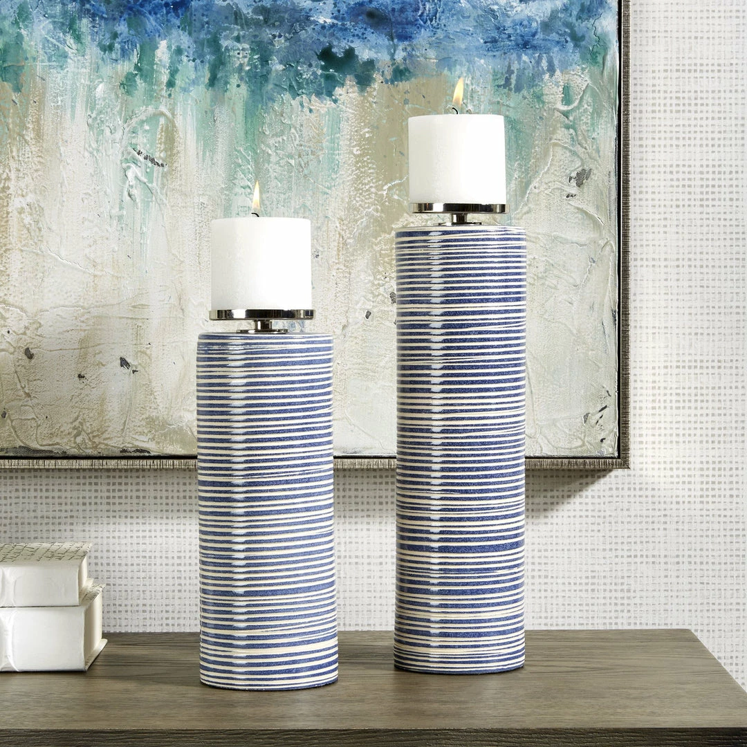 Best Pirce ๐งจ UTTERMOST INDIGO STRIPE PILLAR CANDLE HOLDERS | SET OF 2 Accessories ๐ฏ 2 UTTERMOST INDIGO STRIPE PILLAR CANDLE HOLDERS | SET OF 2 Accessories
