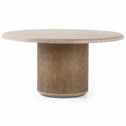 FOUR HANDS KIARA 60"RD WEATHERED PINE + RATTAN DINING TABLE Furniture