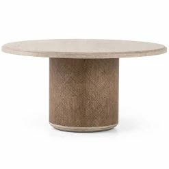 FOUR HANDS KIARA 60"RD WEATHERED PINE + RATTAN DINING TABLE Furniture
