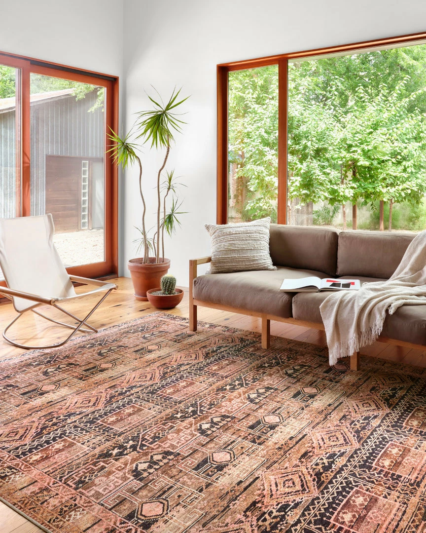 LOLOI LARAMIE VINTAGE PRINT FLAT RUG: MOCHA, CORAL