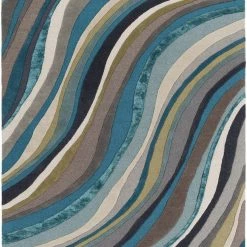 SURYA WAVES WOOL + VISCOSE RUG: TEAL, TAUPE