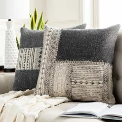 SURYA JOJO WASHED BLACK BLOCK PRINT PILLOW Pillows + Decor