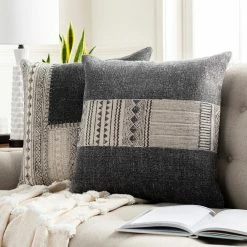 SURYA JOJO WASHED BLACK BLOCK PRINT PILLOW Pillows + Decor