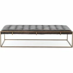 FOUR HANDS OXFORD ANTIQUE BLACK LEATHER COCKTAIL OTTOMAN Living Room