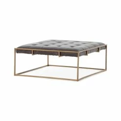 FOUR HANDS OXFORD SQUARE ANTIQUE BLACK LEATHER COCKTAIL OTTOMAN