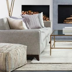 SURYA RAG LEATHER FLOOR OTTOMAN: KHAKI