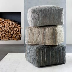 SURYA RAG LEATHER FLOOR OTTOMAN: KHAKI