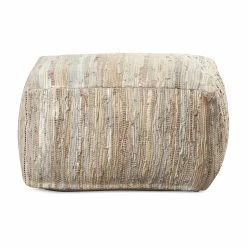 SURYA RAG LEATHER FLOOR OTTOMAN: KHAKI