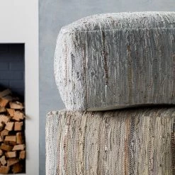 SURYA RAG LEATHER FLOOR OTTOMAN: SILVER Living Room