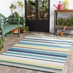 SURYA STRIPES OUTDOOR RUG: BLUE, LIME