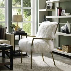 TOV Chairs SHERPA SHAG CHAIR: WHITE ON BRASS BASE