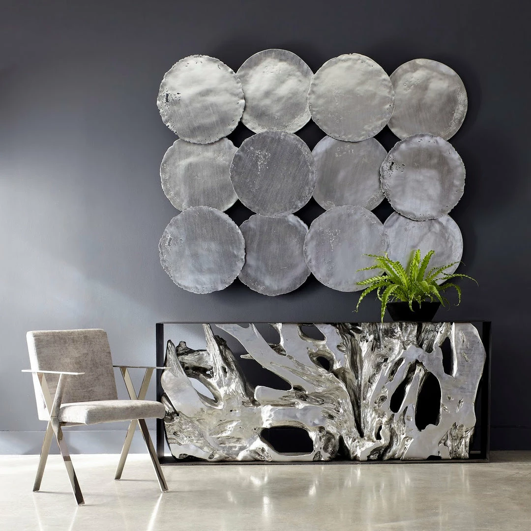 Best Pirce ๐ PHILLIPS COLLECTION SILVER CAST OIL DRUM WALL DISCS | SET OF 4 Wall Sculptures + Decor ๐ 2 PHILLIPS COLLECTION SILVER CAST OIL DRUM WALL DISCS | SET OF 4 Wall Sculptures + Decor