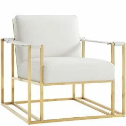 TOV STANFORD ARM CHAIR: IVORY ECO LEATHER, GOLD Living Room