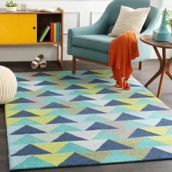 SURYA POP ANGLES WOOL RUG: BLUE, LIME