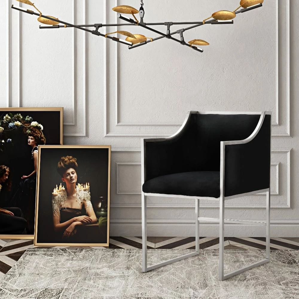 Best Sale 🎁 TOV Kitchen + Dining MIDORI BLACK VELVET ARM CHAIR | SILVER 🥰 5 TOV Kitchen + Dining MIDORI BLACK VELVET ARM CHAIR | SILVER
