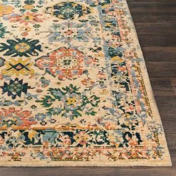 SURYA HUSINA WOOL RUG: WHEAT, EMERALD MULTI