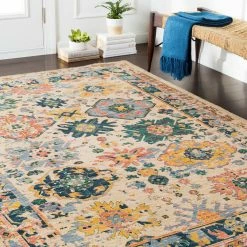 SURYA HUSINA WOOL RUG: WHEAT, EMERALD MULTI