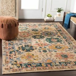 SURYA HUSINA WOOL RUG: WHEAT, EMERALD MULTI
